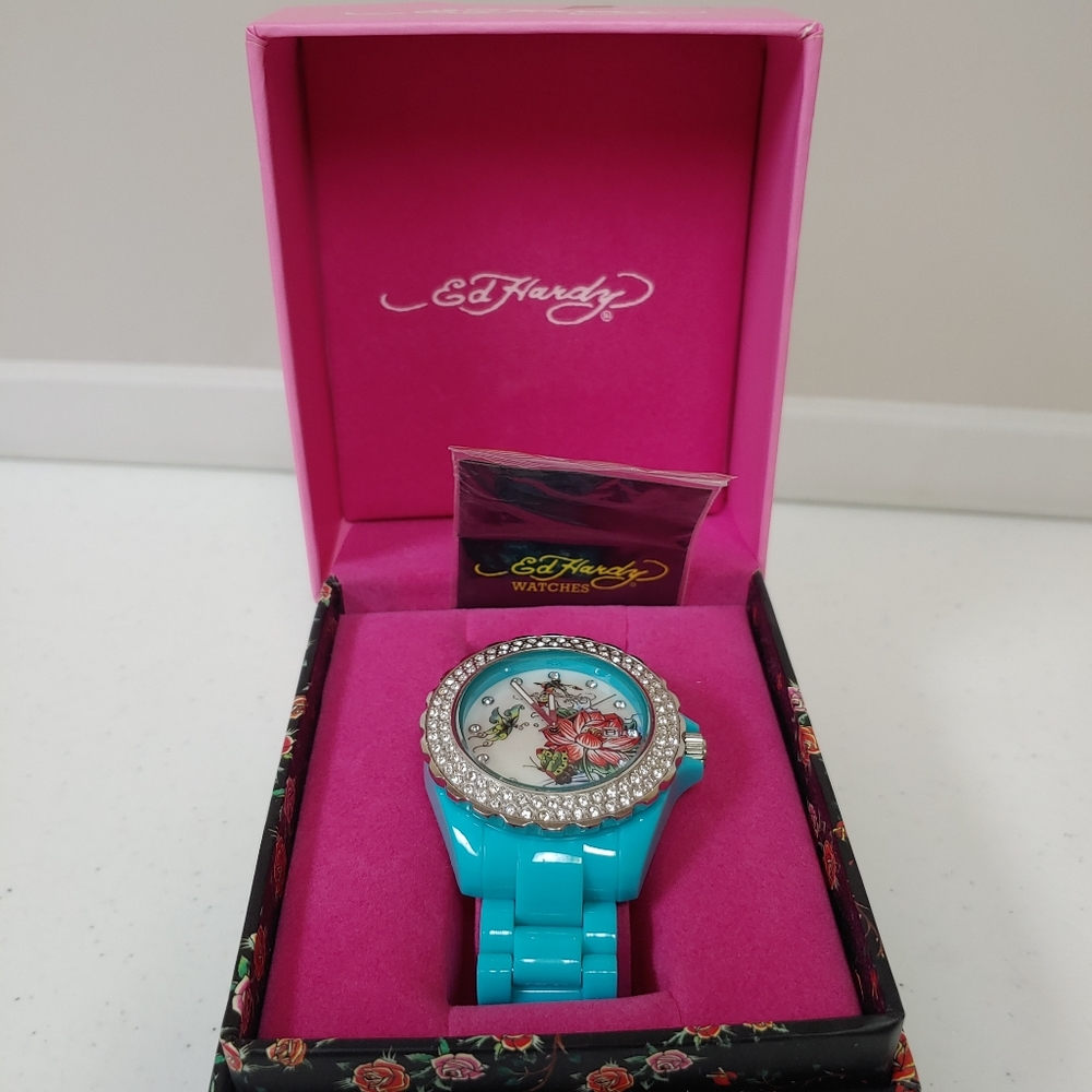 Ed Hardy turquoise crystal women's watch
